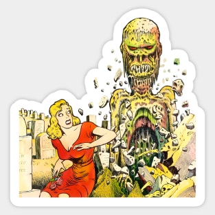 The living dead comes out of the grave in the cemetery and scares the beautiful blonde Retro Vintage Comic Book Sticker